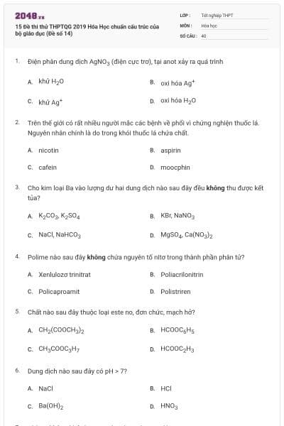 15 Đề thi thử THPTQG 2019 Hóa Học chuẩn cấu trúc của bộ giáo dục (Đề số 14)