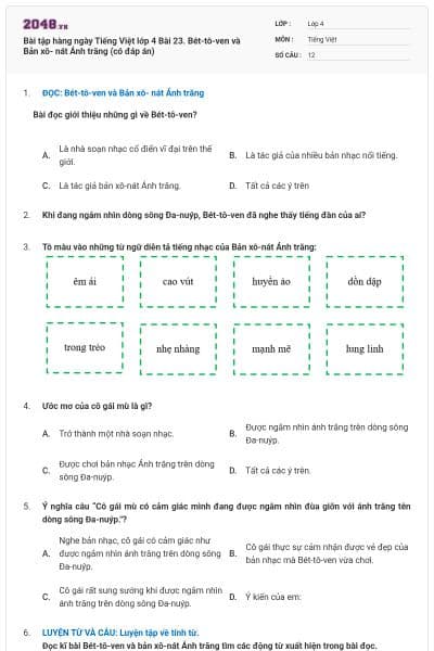 Bài tập hàng ngày Tiếng Việt lớp 4 Bài 23. Bét-tô-ven và Bản xô- nát Ánh trăng (có đáp án)