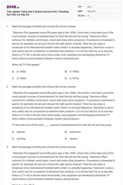 Trắc nghiệm Tiếng Anh 6 Global Success Unit 7 Reading đọc hiểu (có đáp án)