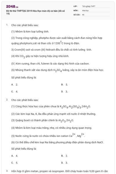 Đề thi thử THPTQG 2019 Hóa Học mức độ cơ bản (đề số 19)