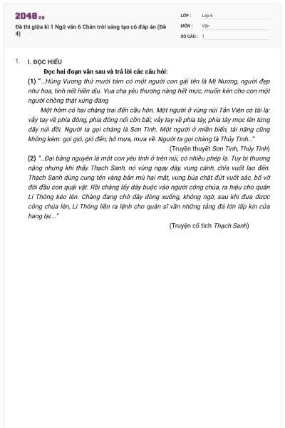 Đề thi giữa kì 1 Ngữ văn 6 Chân trời sáng tạo có đáp án (Đề 4)