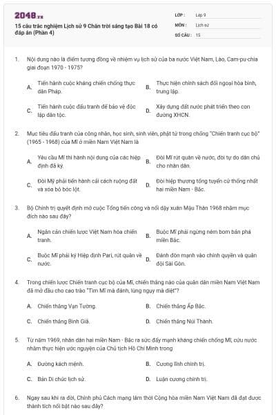 15 câu trắc nghiệm Lịch sử 9 Chân trời sáng tạo Bài 18 có đáp án (Phần 4)