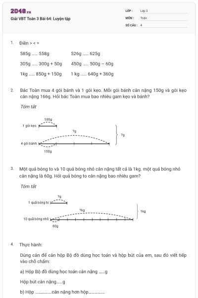 Giải VBT Toán 3 Bài 64: Luyện tập