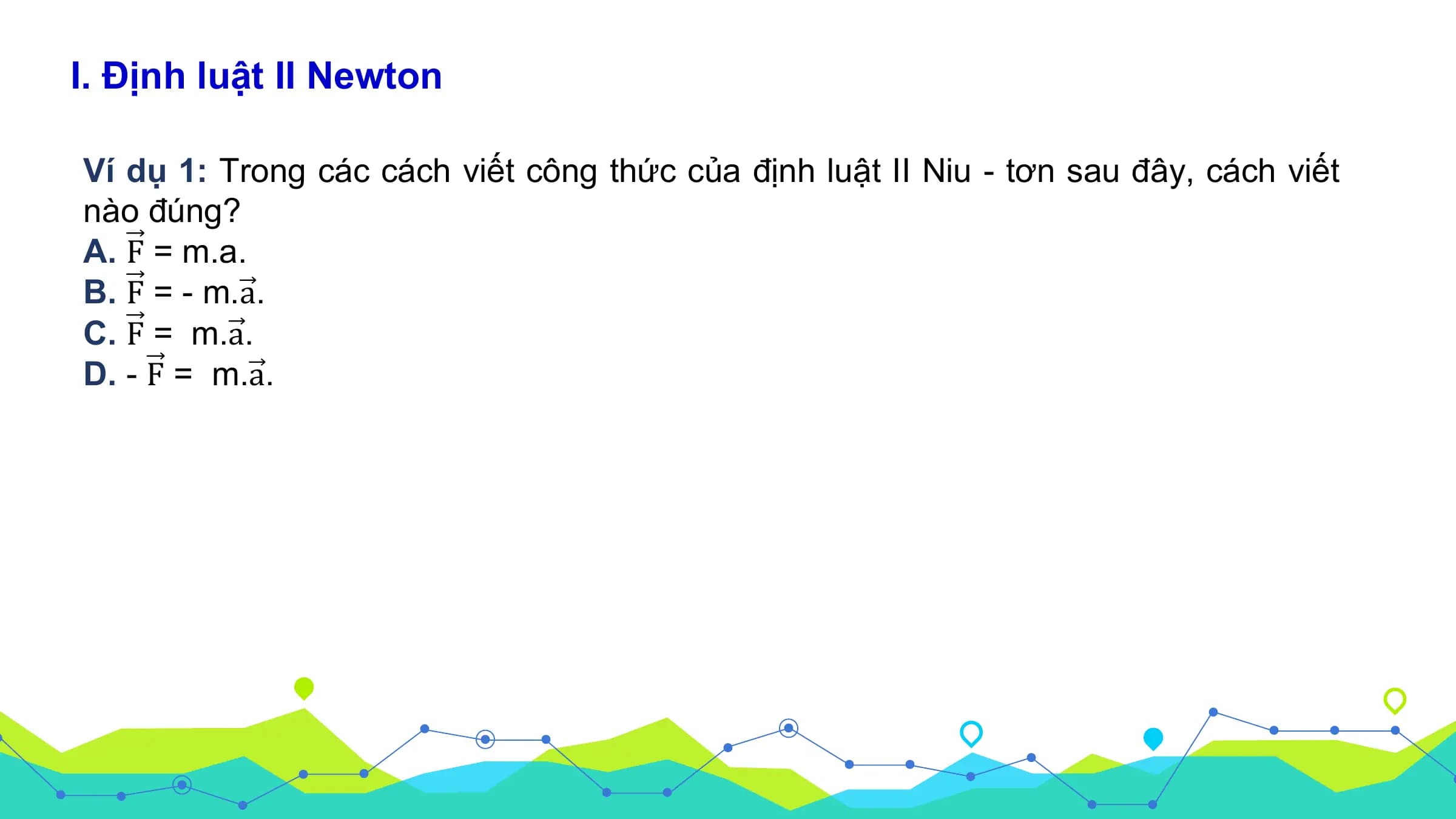 I. Định luật II Newton

Ví dụ 1: Trong các cách viết công thức của định luật II Niu - tơn sau đây, cách viết
nào đúng?
A. F = m.a.
B. F = - m.a.
C. F = m.a.
D. - F = m.a.