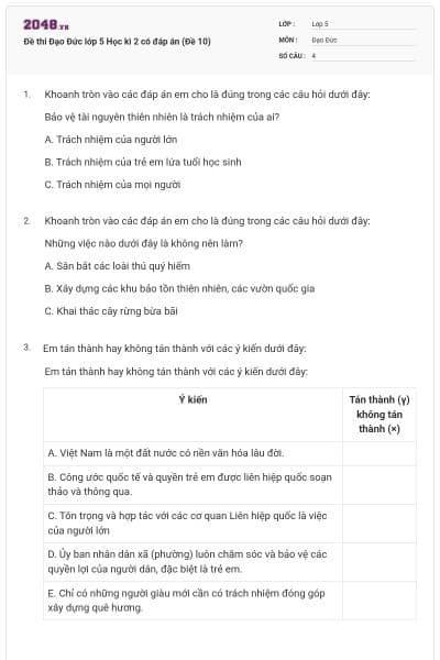 Đề thi Đạo Đức lớp 5 Học kì 2 có đáp án (Đề 10)