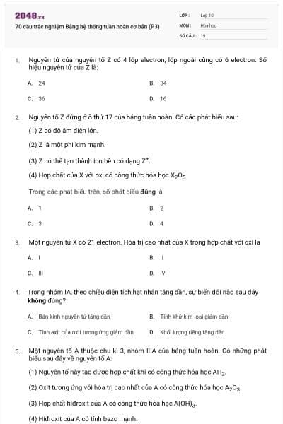 70 câu trắc nghiệm Bảng hệ thống tuần hoàn cơ bản (P3)