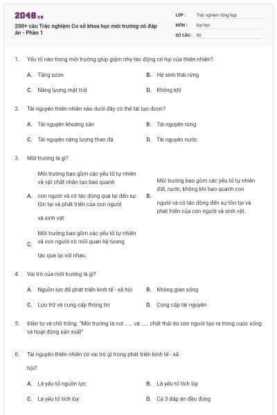 200+ câu Trắc nghiệm Cơ sở khoa học môi trường có đáp án - Phần 1