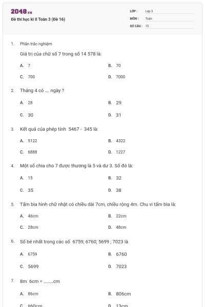 Đề thi học kì II Toán 3 (Đề 16)