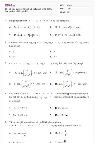 234 bài trắc nghiệm Hàm số mũ và Logarit từ đề thi Đại học cực hay có lời giải (P3)