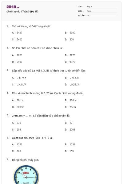 Đề thi học kì I Toán 3 (Đề 15)