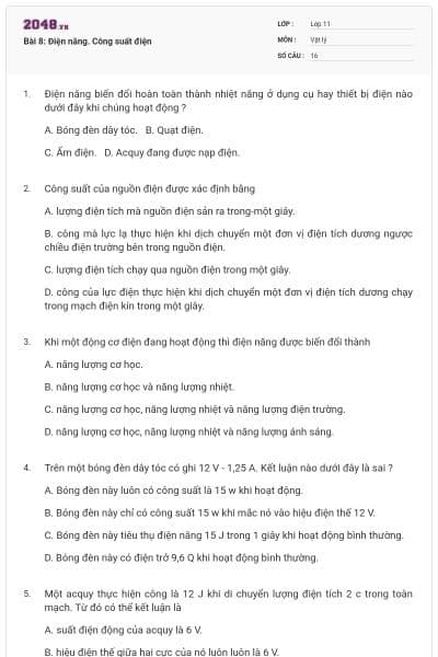 Bài 8: Điện năng. Công suất điện