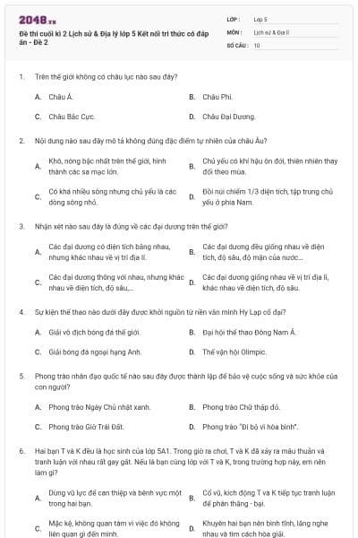 Đề thi cuối kì 2 Lịch sử & Địa lý lớp 5 Kết nối tri thức có đáp án - Đề 2