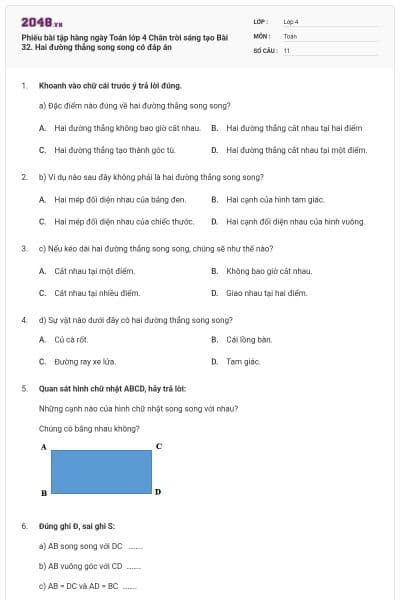 Phiếu bài tập hàng ngày Toán lớp 4 Chân trời sáng tạo Bài 32. Hai đường thẳng song song có đáp án