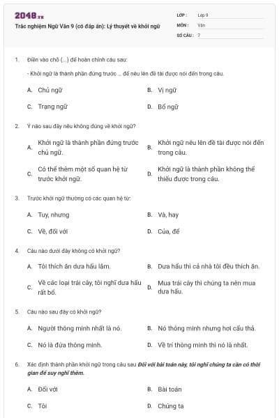 Trắc nghiệm Ngữ Văn 9 (có đáp án): Lý thuyết về khởi ngữ