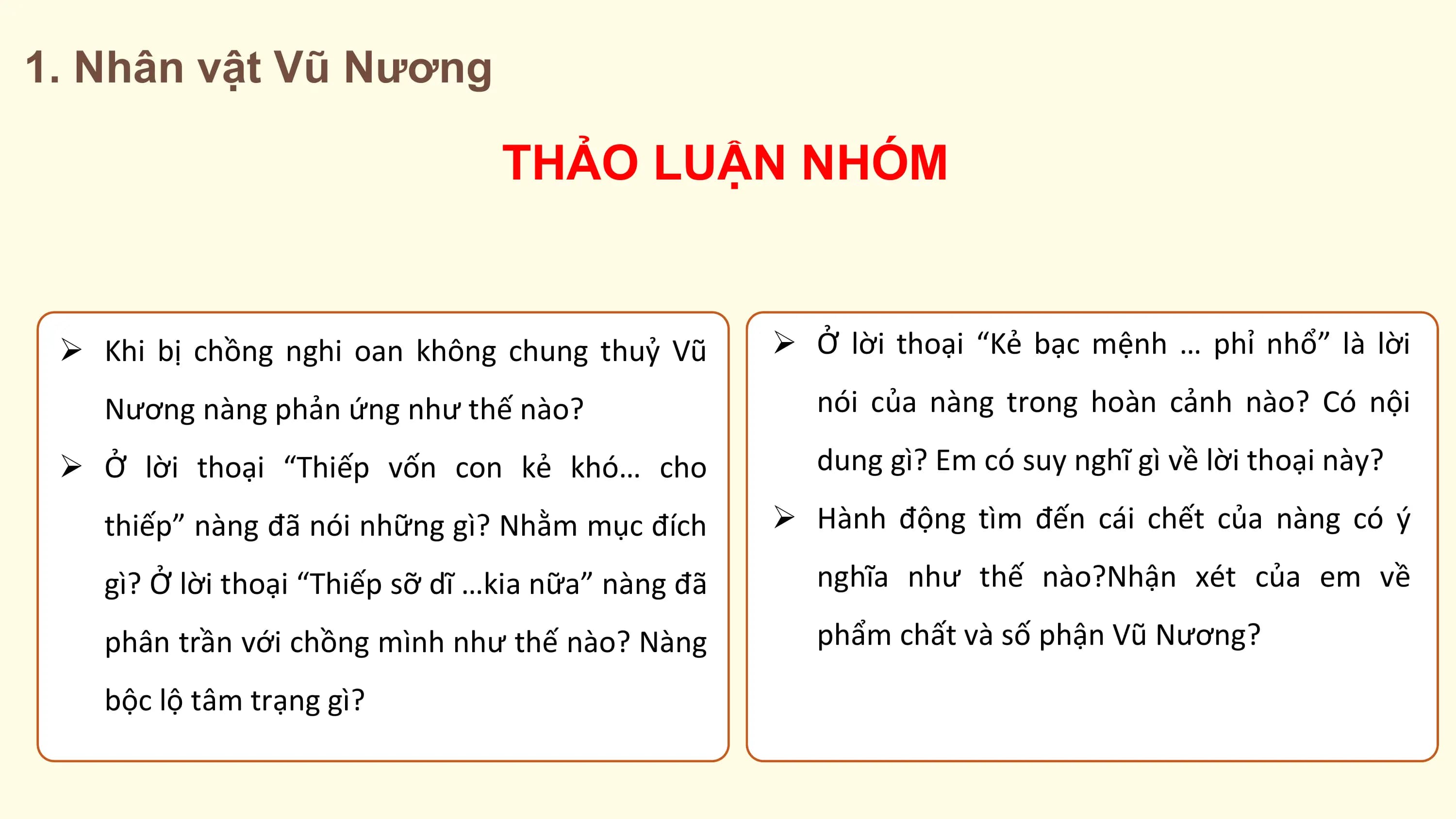 1. Nhân vật Vũ Nương

 THẢO LUẬN NHÓM

 Ø Khi bị chồng nghi oan không chung thuỷ Vũ Ø Ở lời thoại “Kẻ bạc mệnh … phỉ nhổ” là lời

 Nương nàng phản ứng như thế nào? nói của nàng trong hoàn cảnh nào? Có nội

 Ø Ở lời thoại “Thiếp vốn con kẻ khó… cho dung gì? Em có suy nghĩ gì về lời thoại này?

 thiếp” nàng đã nói những gì? Nhằm mục đích Ø Hành động tìm đến cái chết của nàng có ý

 gì? Ở lời thoại “Thiếp sỡ dĩ …kia nữa” nàng đã nghĩa như thế nào?Nhận xét của em về

 phân trần với chồng mình như thế nào? Nàng phẩm chất và số phận Vũ Nương?

 bộc lộ tâm trạng gì?
