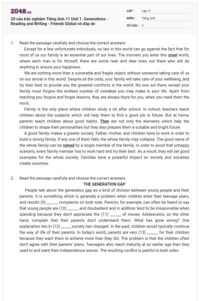 20 câu trắc nghiệm Tiếng Anh 11 Unit 1. Generations - Reading and Writing - Friends Global có đáp án