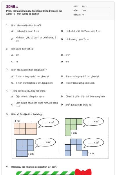 Phiếu bài tập hàng ngày Toán lớp 3 Chân trời sáng tạo Xăng - ti - mét vuông có đáp án