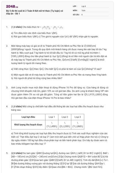 Bộ 5 đề thi cuối kì 2 Toán 8 Kết nối tri thức (Tự luận) có đáp án - Đề 1