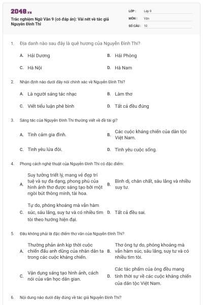 Trắc nghiệm Ngữ Văn 9 (có đáp án): Vài nét về tác giả Nguyễn Đình Thi