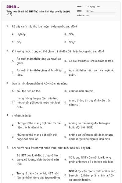 Tổng hợp đề thi thử THPTQG môn Sinh Học có đáp án (Đề số 8)