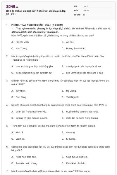 Bộ 3 đề thi học kì 2 Lịch sử 12 Chân trời sáng tạo có đáp án - Đề 1
