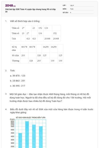 Giải bài tập SGK Toán 4 Luyện tập chung trang 90 có đáp án