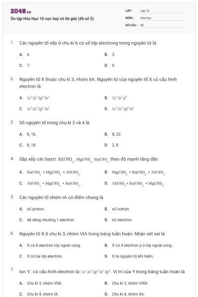 Ôn tập Hóa Học 10 cực hay có lời giải (đề số 5)