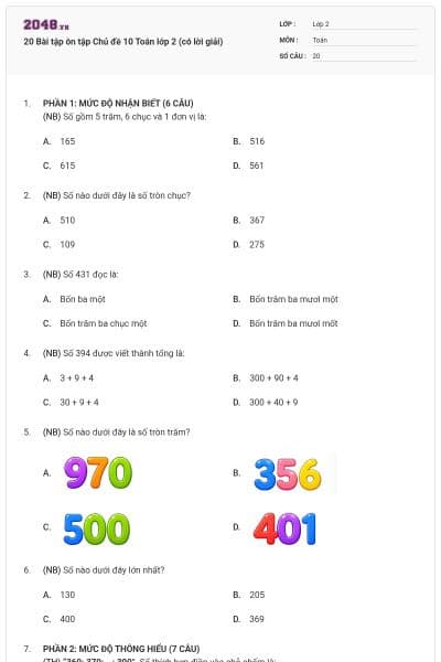 20 Bài tập ôn tập Chủ đề 10 Toán lớp 2 (có lời giải)