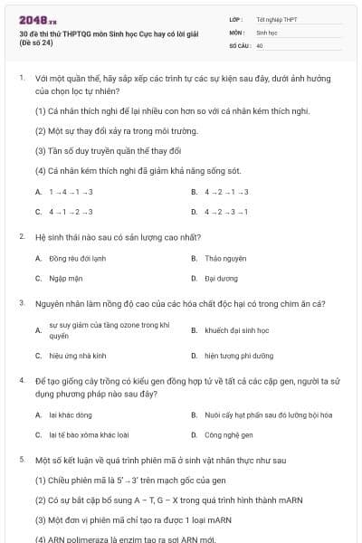 30 đề thi thử THPTQG môn Sinh học Cực hay có lời giải (Đề số 24)