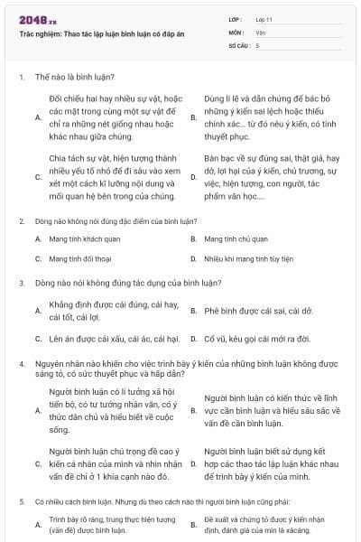 Trắc nghiệm: Thao tác lập luận bình luận có đáp án