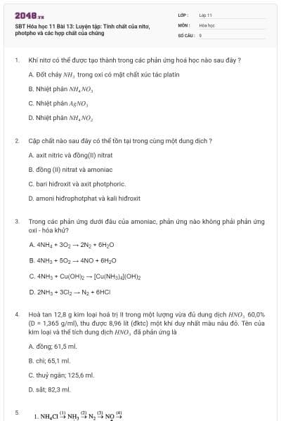 SBT Hóa học 11 Bài 13: Luyện tập: Tính chất của nitơ, photpho và các hợp chất của chúng