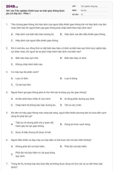 30+ câu Trắc nghiệm Chiến lược an toàn giao thông Quốc gia (có đáp án) - Phần 1