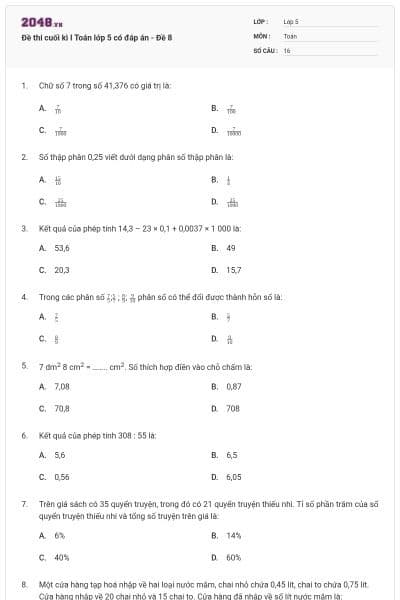 Đề thi cuối kì I Toán lớp 5 có đáp án  - Đề 8