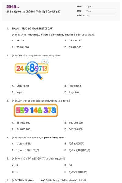 20 Bài tập ôn tập Chủ đề 1 Toán lớp 5 (có lời giải)