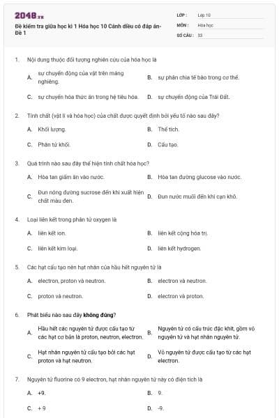 Đề kiểm tra giữa học kì 1 Hóa học 10 Cánh diều có đáp án- Đề 1