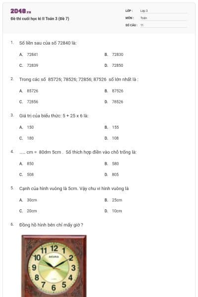 Đề thi cuối học kì II Toán 3 (Đề 7)