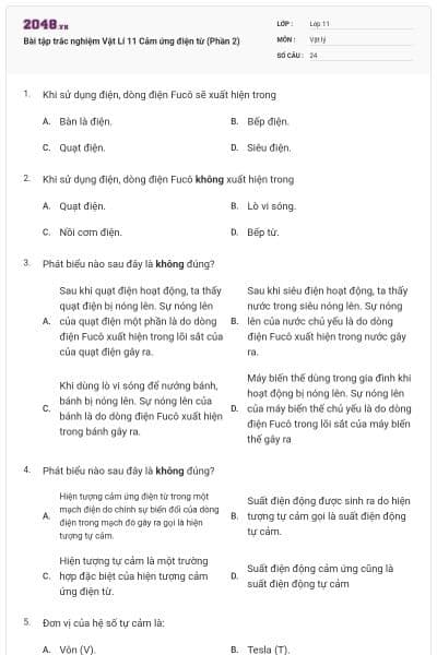 Bài tập trắc nghiệm Vật Lí 11 Cảm ứng điện từ (Phần 2)