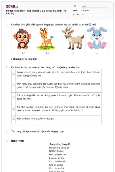 Bài tập hàng ngày Tiếng Việt lớp 2 Bài 8: Cầu thủ dự bị (có đáp án)