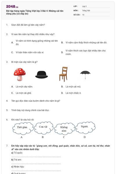 Bài tập hàng ngày Tiếng Việt lớp 3 Bài 4: Những cái tên đáng yêu (có đáp án)