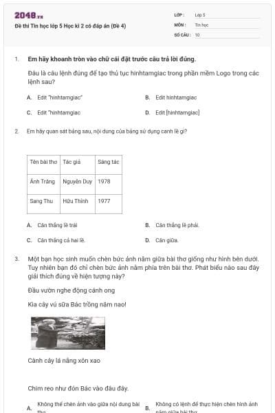 Đề thi Tin học lớp 5 Học kì 2 có đáp án (Đề 4)