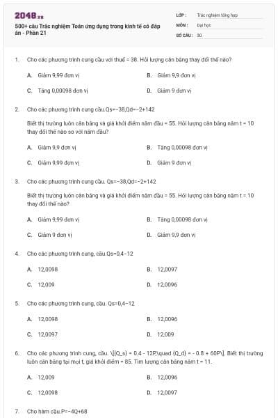 500+ câu Trắc nghiệm Toán ứng dụng trong kinh tế có đáp án - Phần 21