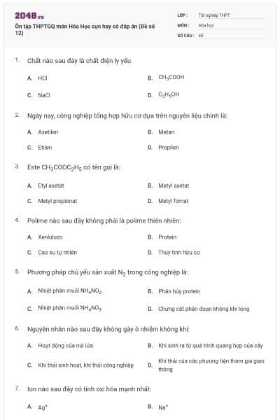 Ôn tập THPTGQ môn Hóa Học cực hay có đáp án (Đề số 12)
