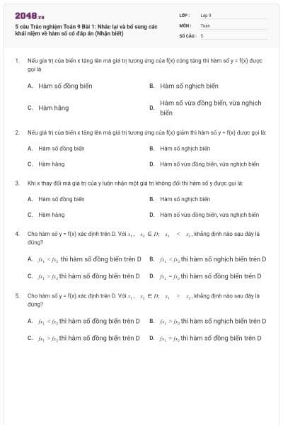 5 câu Trắc nghiệm Toán 9 Bài 1: Nhắc lại và bổ sung các khái niệm về hàm số có đáp án (Nhận biết)