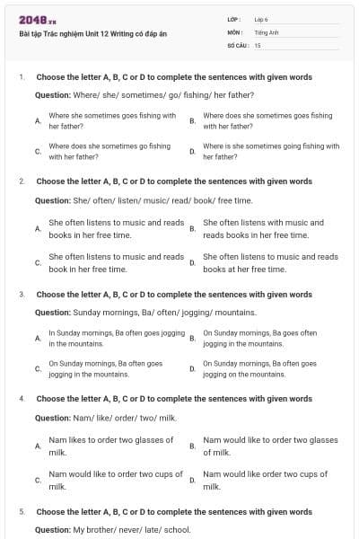 Bài tập Trắc nghiệm Unit 12 Writing có đáp án