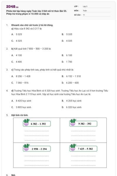 Phiếu bài tập hàng ngày Toán lớp 3 Kết nối tri thức Bài 55. Phép trừ trong phạm vi 10.000 có đáp án