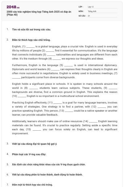 2000 câu trắc nghiệm tổng hợp Tiếng Anh 2025 có đáp án (Phần 40)