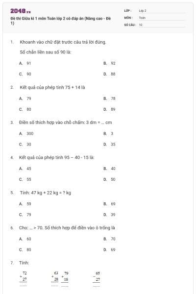 Đề thi Giữa kì 1 môn Toán lớp 2 có đáp án (Nâng cao - Đề 1)