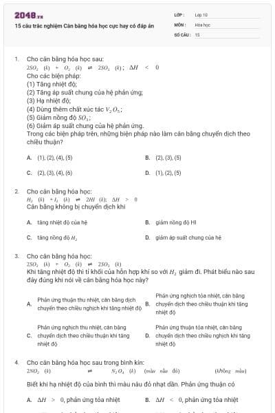15 câu trắc nghiệm Cân bằng hóa học cực hay có đáp án
