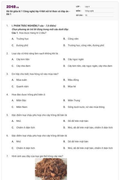 Đề thi giữa kì 1 Công nghệ lớp 4 Kết nối tri thức có đáp án - Đề 1