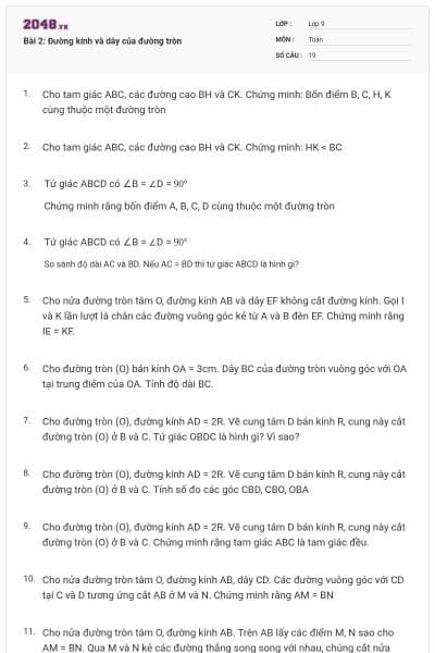 Bài 2: Đường kính và dây của đường tròn